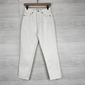 ZARA Mom Fit Tapered Jeans Size 4 Waist 26 White High Rise Raw Hem Rigid Denim